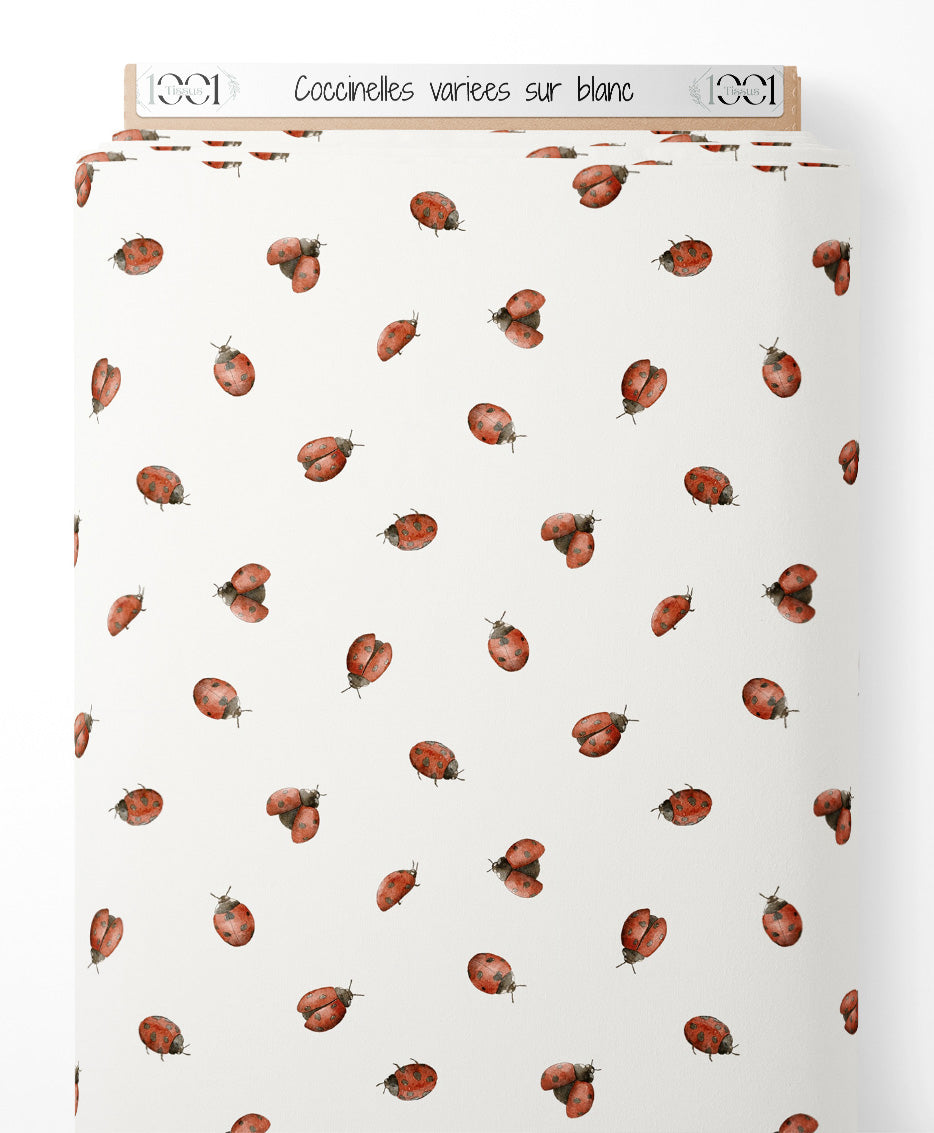 Tissu - Coccinelles variées sur blanc