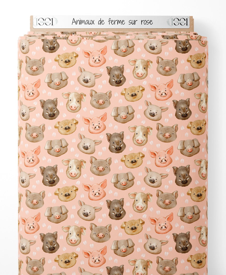 Tissu - Animaux de ferme sur rose