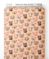 Tissu - Animaux de ferme sur rose