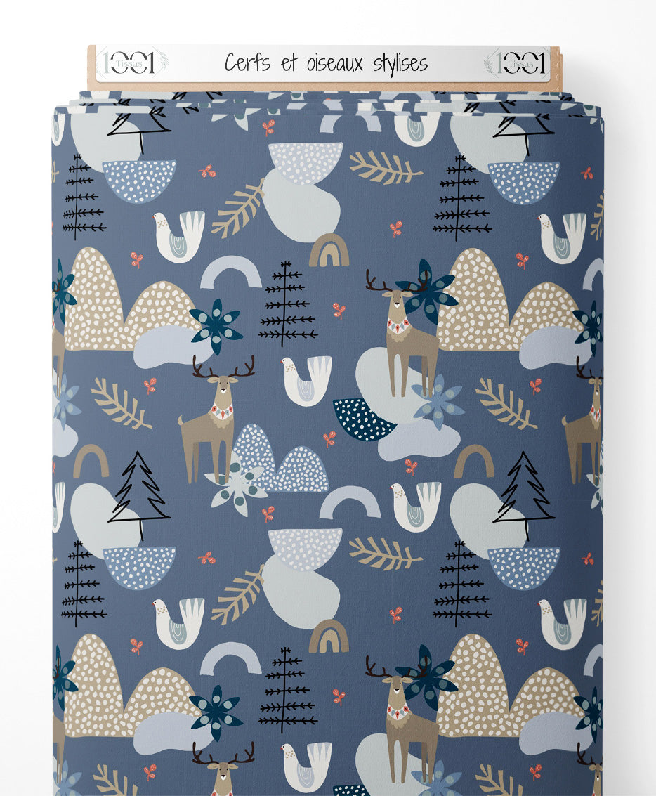 Tissu - Cerfs et oiseaux stylisés