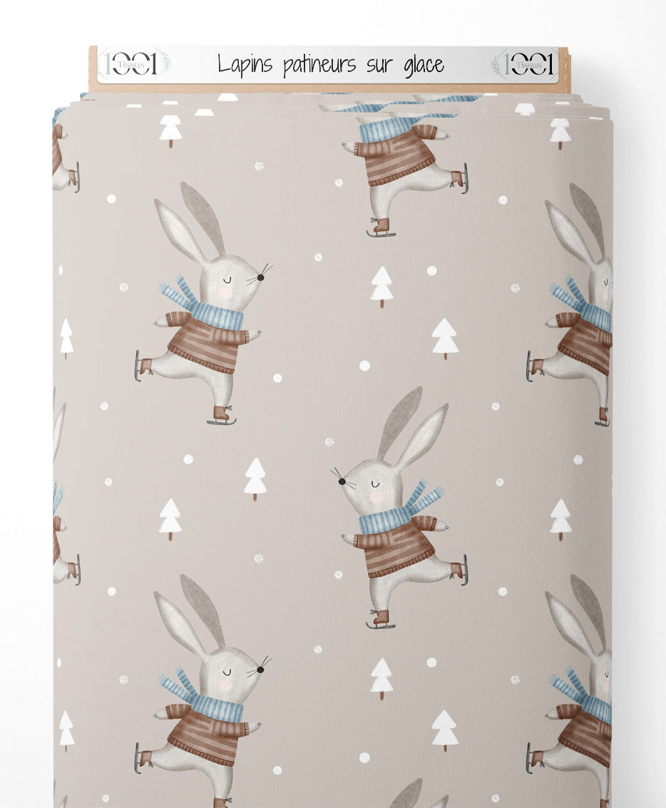 Tissu - Lapins patineurs sur glace