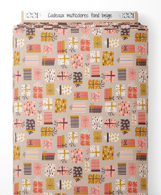 Tissu - Cadeaux multicolores sur fond beige