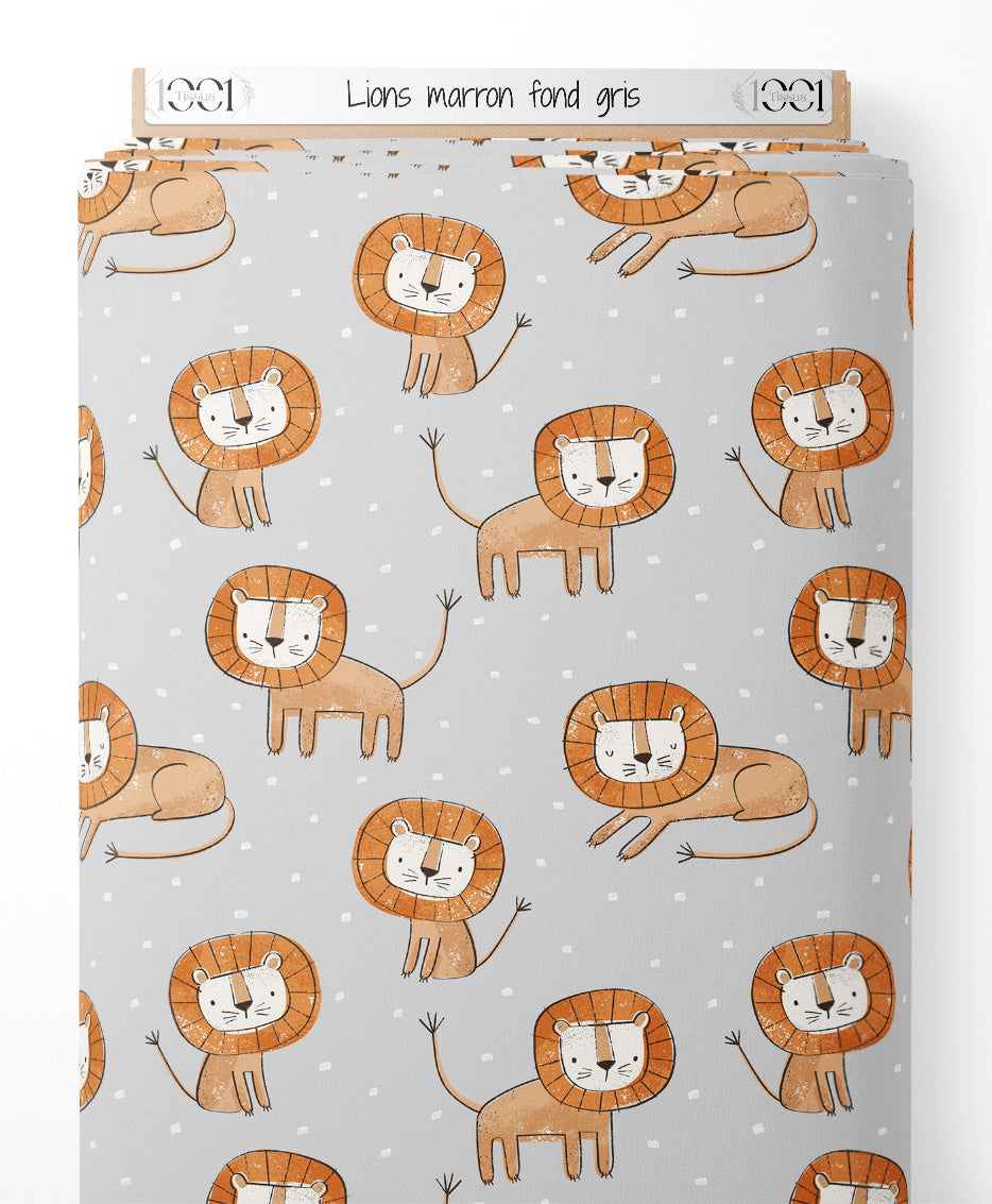 Tissu - Lions marron sur fond gris