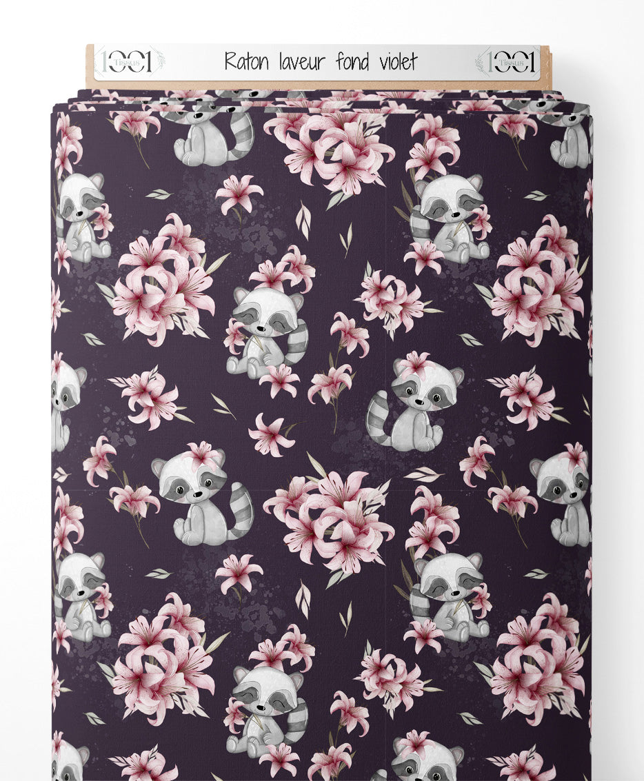 Tissu - Raton laveur sur fond violet