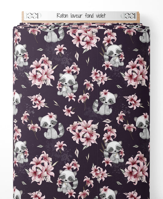 Tissu - Raton laveur sur fond violet