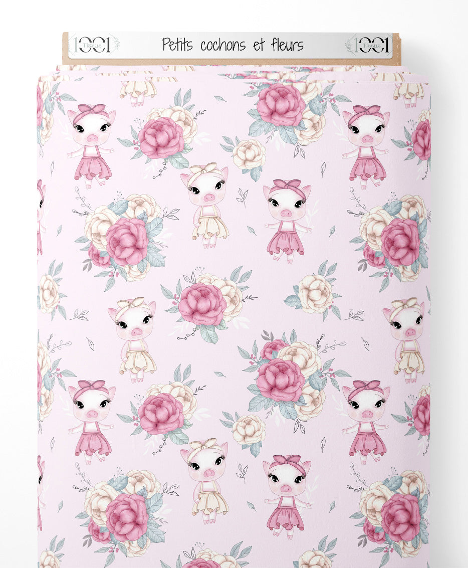 Tissu - Petits cochons et fleurs