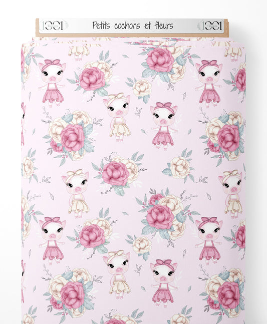 Tissu - Petits cochons et fleurs