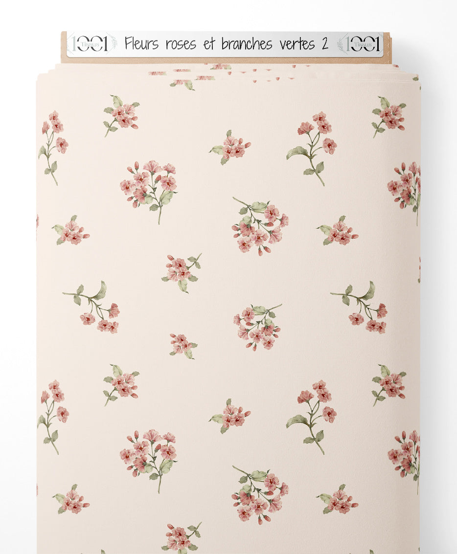 Tissu - Fleurs roses et branches vertes 2