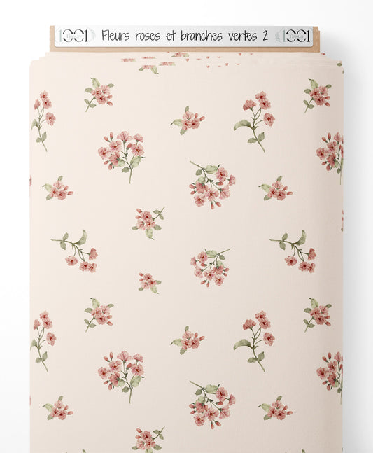 Tissu - Fleurs roses et branches vertes 2