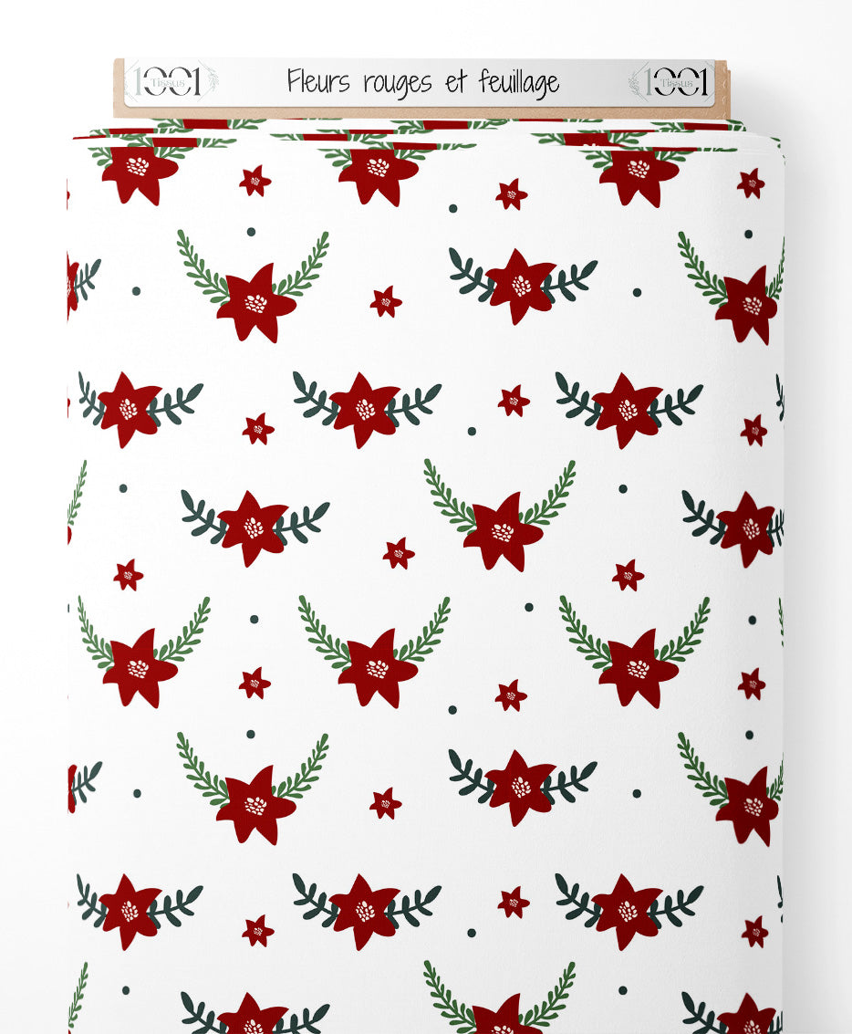 Tissu - Fleurs rouges et feuillage