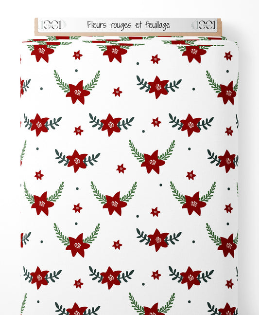 Tissu - Fleurs rouges et feuillage