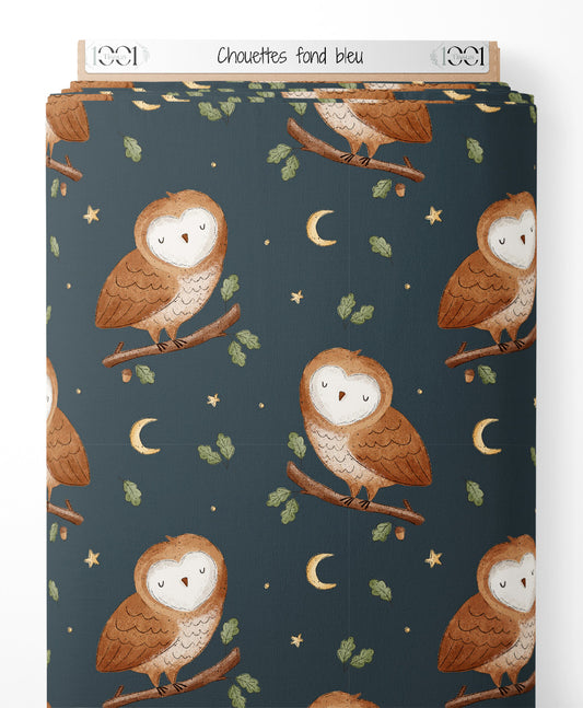 Tissu - Chouettes sur fond bleu