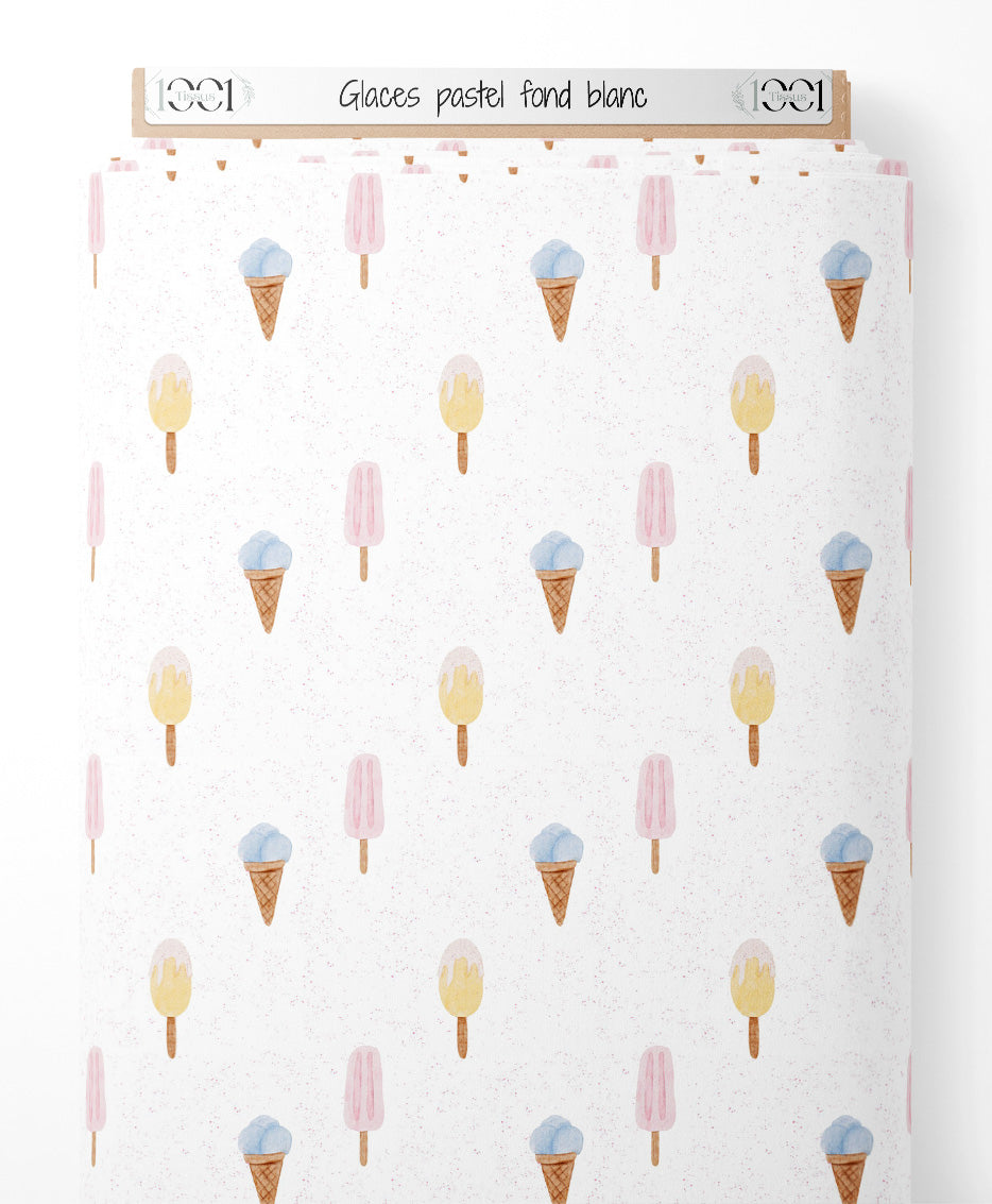 Tissu - Glaces pastel sur fond blanc