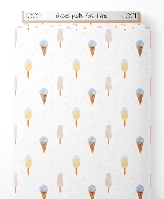 Tissu - Glaces pastel sur fond blanc