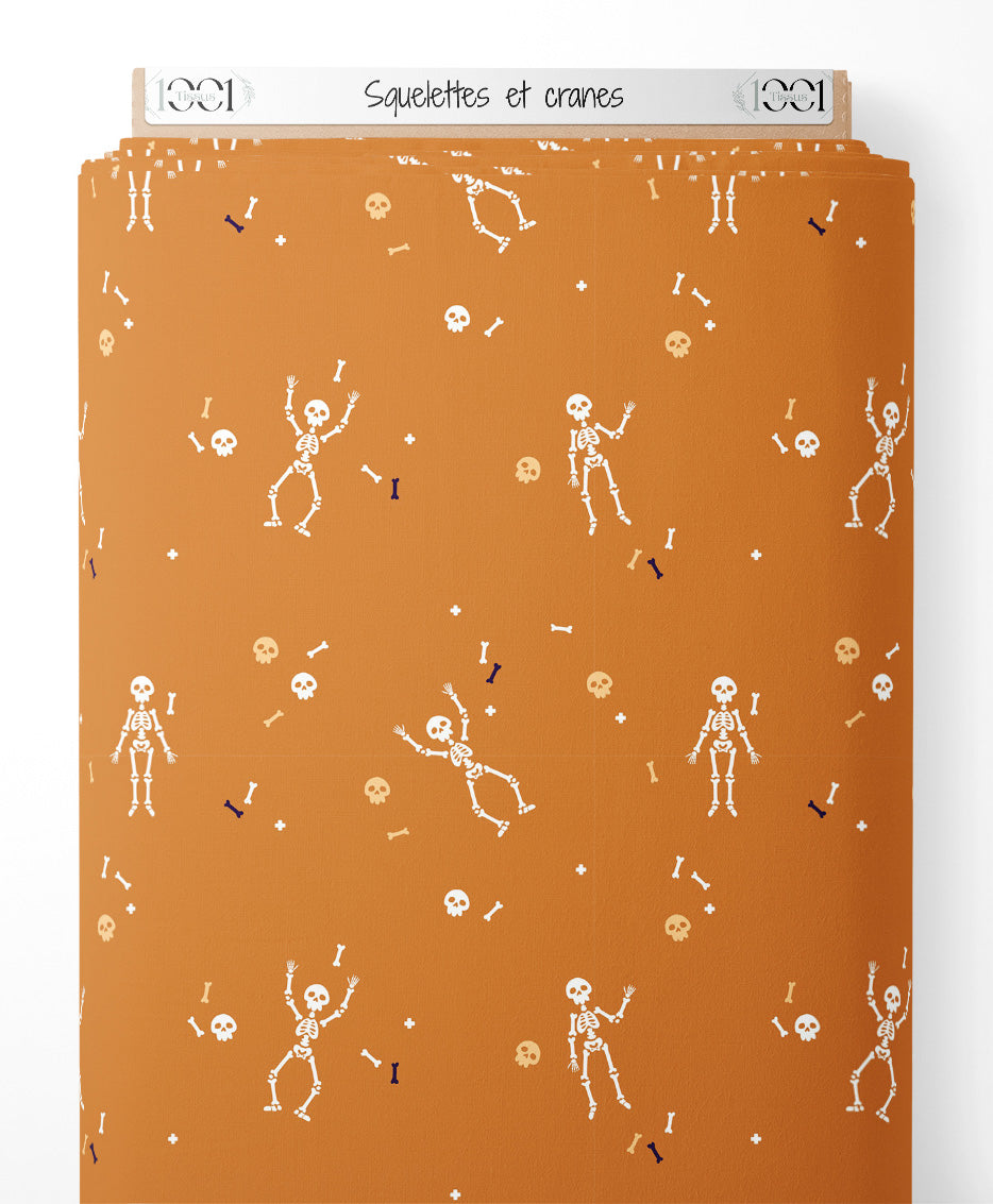 Tissu - Squelettes et crânes sur fond