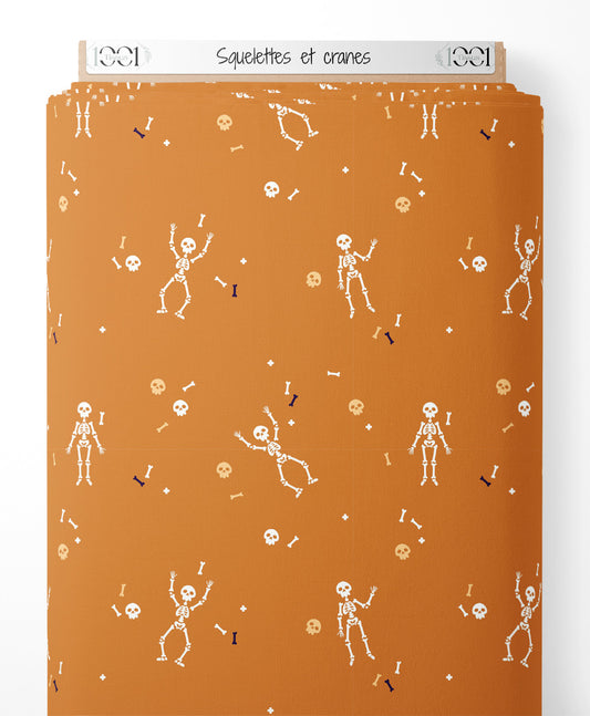 Tissu - Squelettes et crânes sur fond