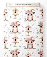 Tissu - Chouettes et nichoirs roses