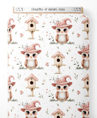 Tissu - Chouettes et nichoirs roses