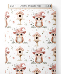 Tissu - Chouettes et nichoirs roses