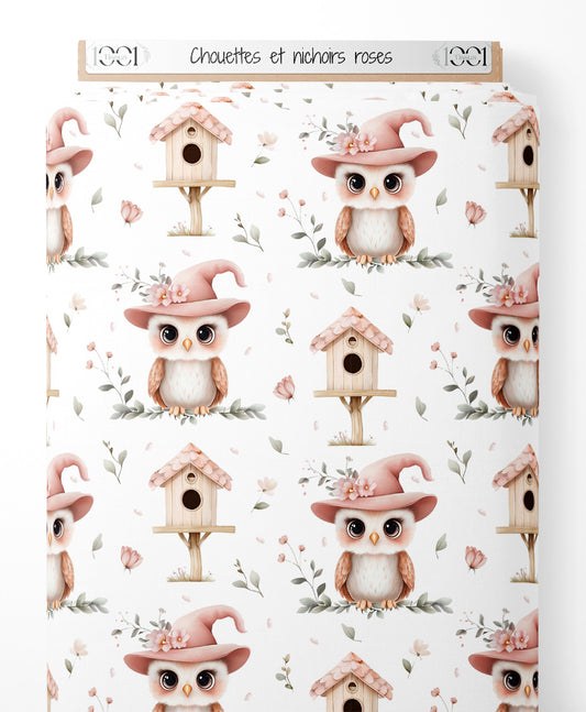 Tissu - Chouettes et nichoirs roses