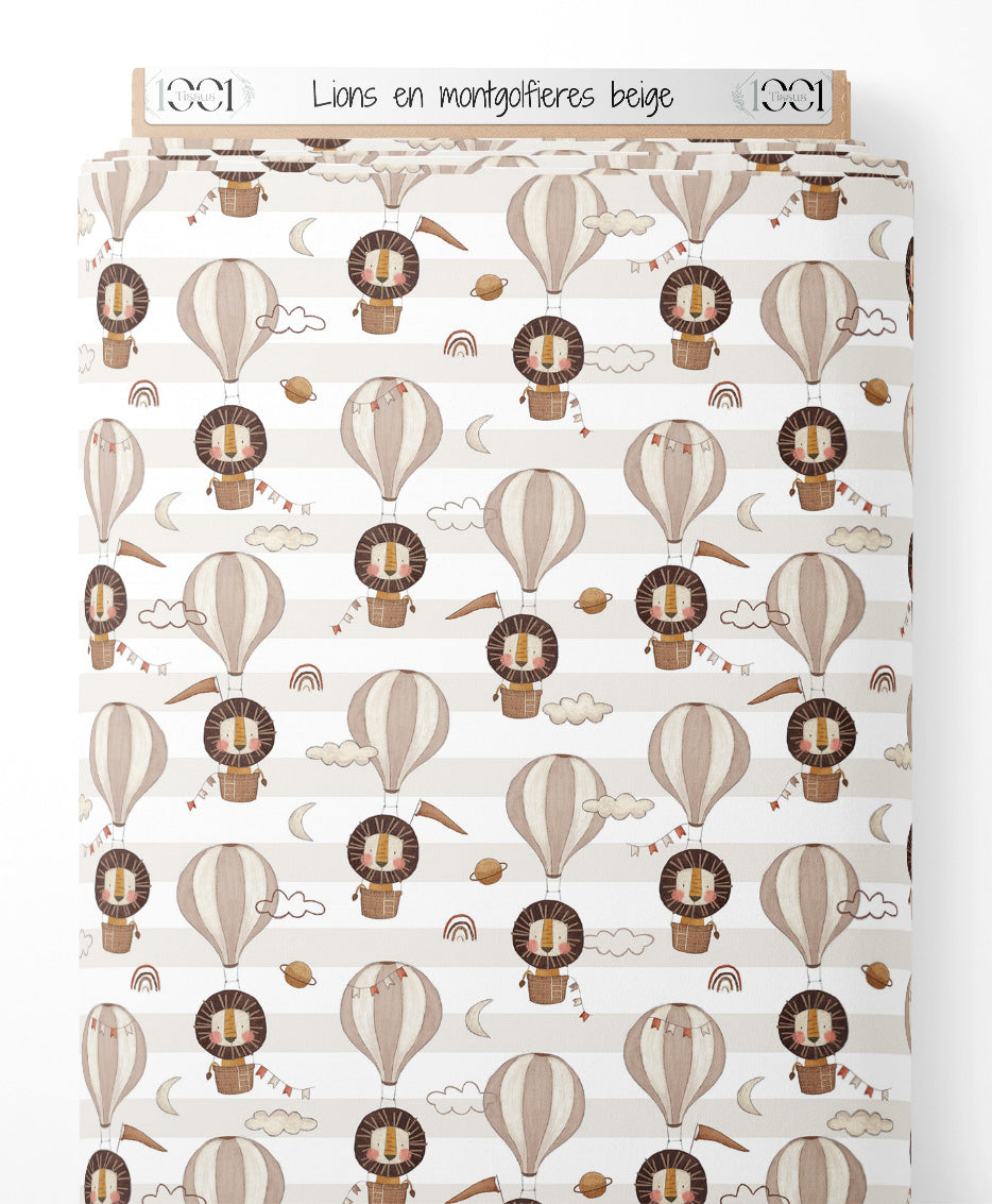 Tissu - Lions en montgolfières beige