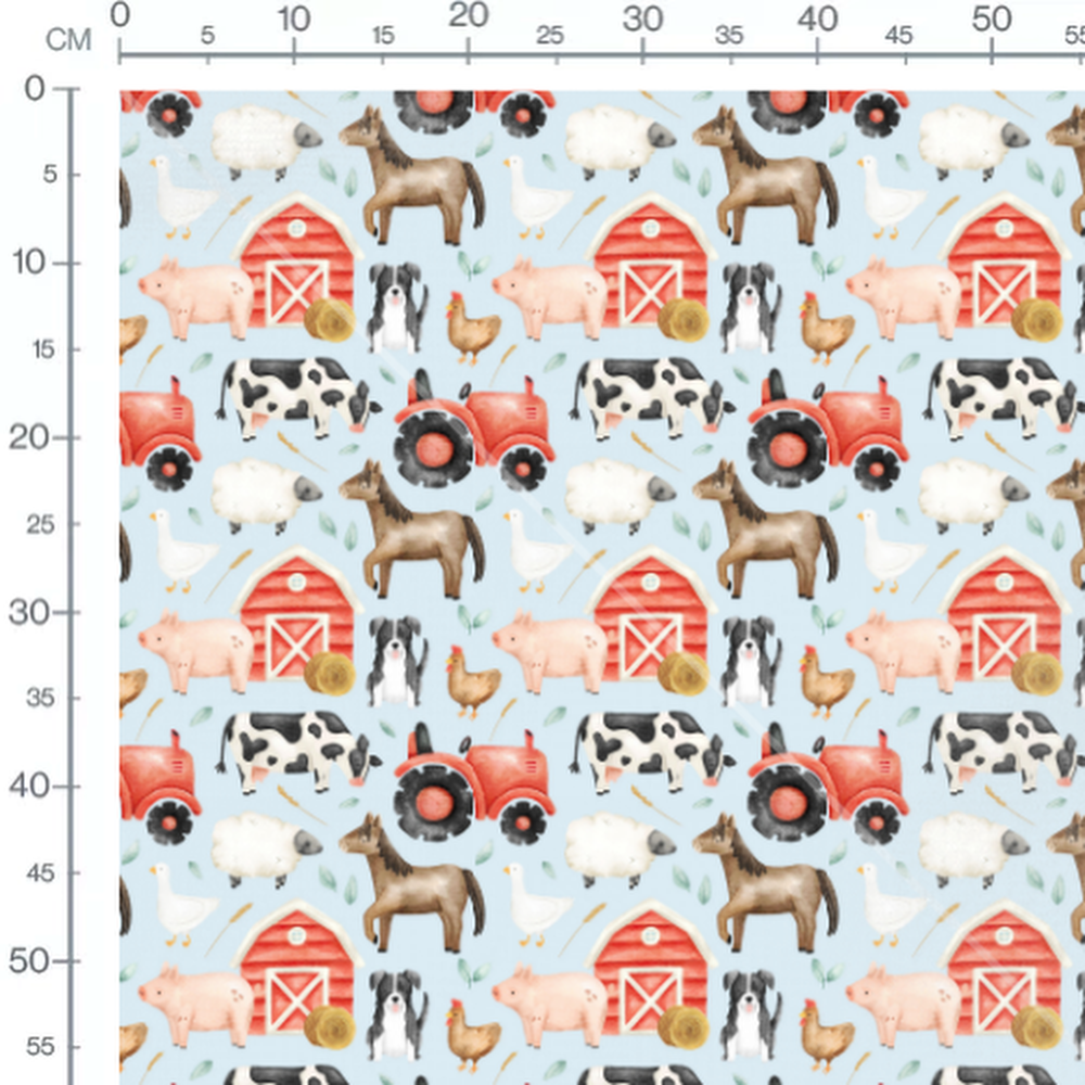 Tissu - Ferme joyeuse sur fond bleu