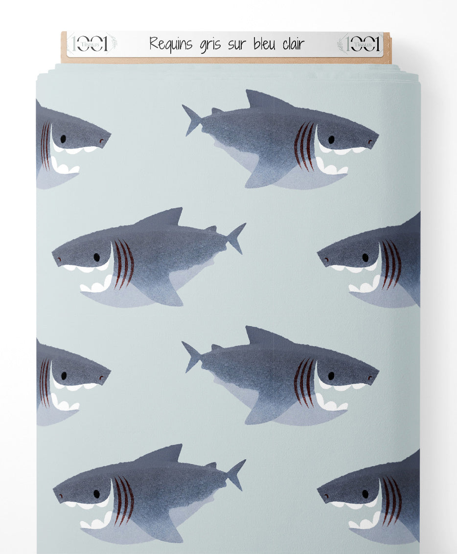 Tissu - Requins gris sur bleu clair