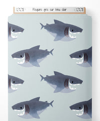 Tissu - Requins gris sur bleu clair
