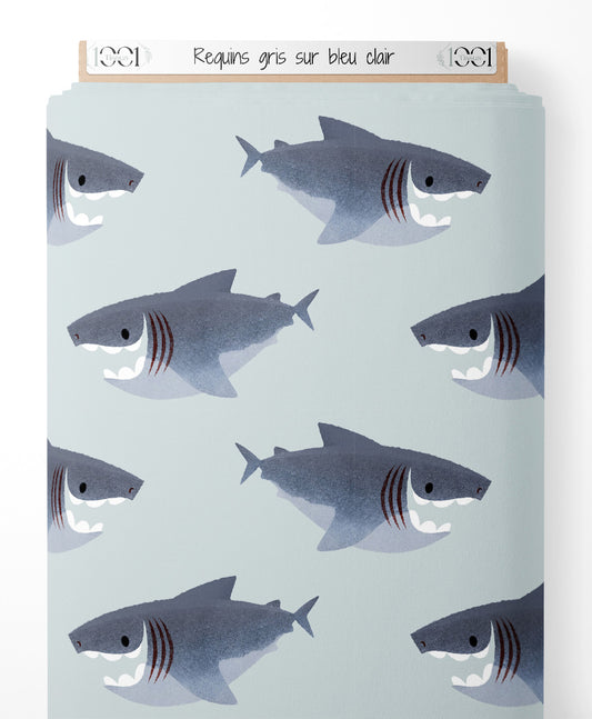 Tissu - Requins gris sur bleu clair