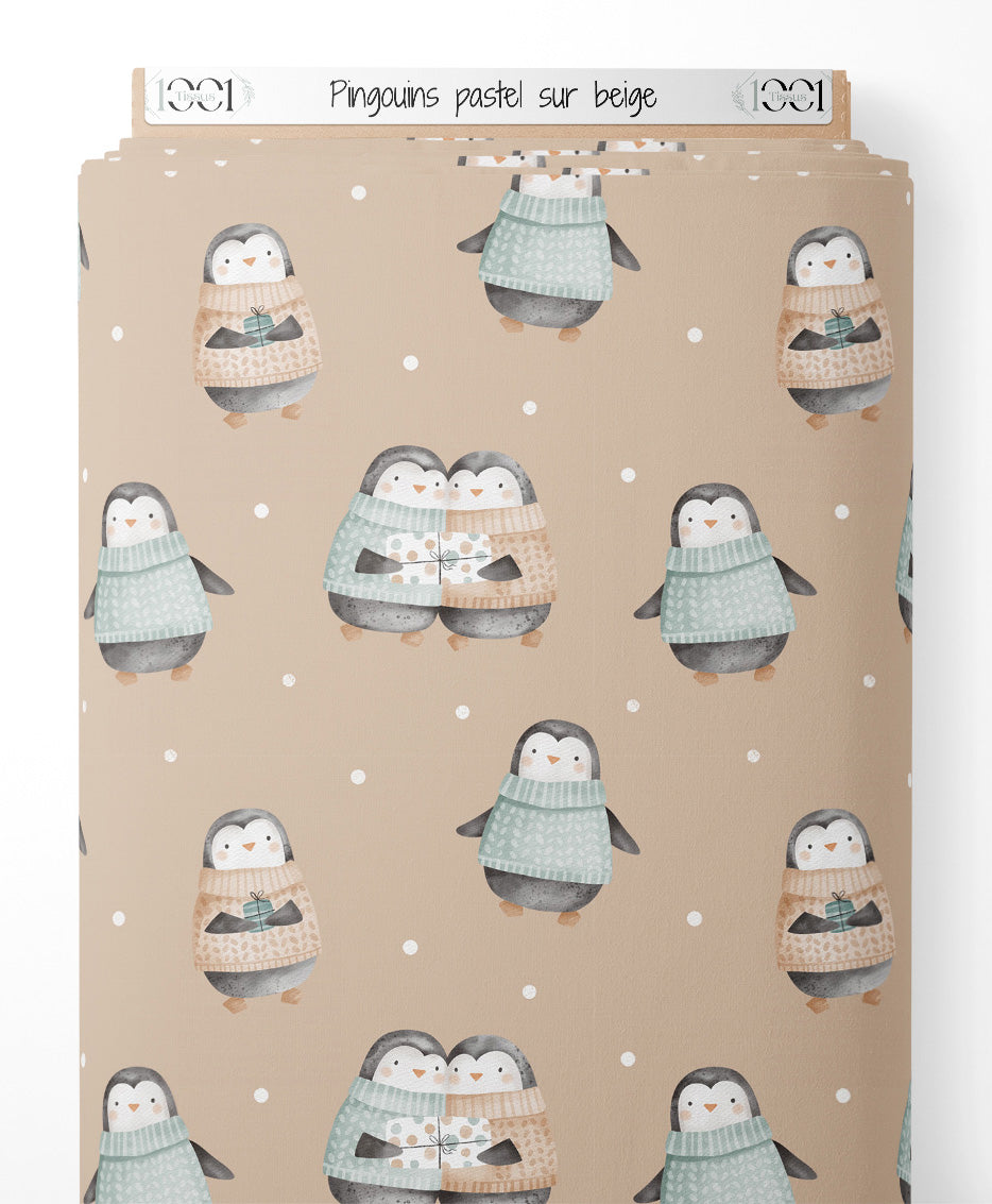 Tissu - Pingouins pastel sur beige