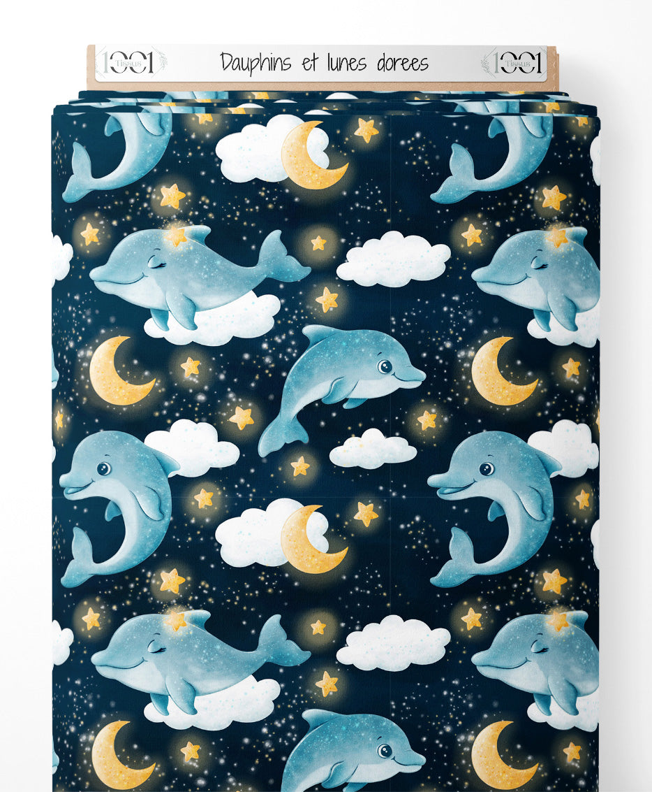 Tissu - Dauphins et lunes dorées