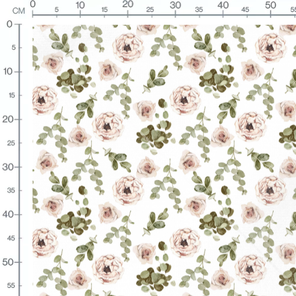 Tissu - Roses et eucalyptus verts