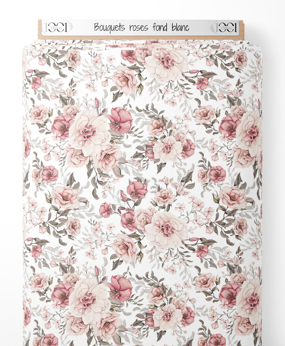 Tissu - Bouquets roses sur fond blanc