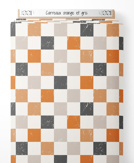 Tissu - Carreaux orange et gris
