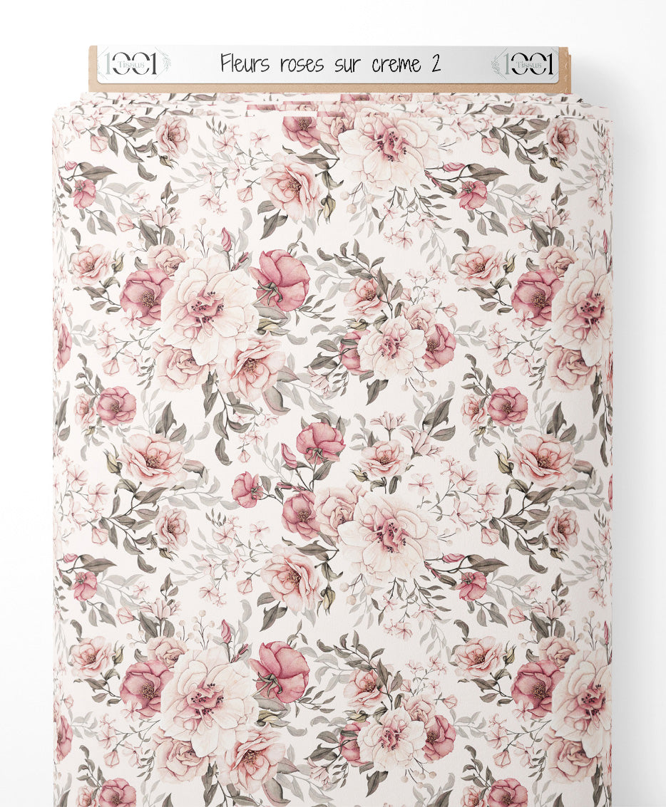 Tissu - Fleurs roses sur crème 2