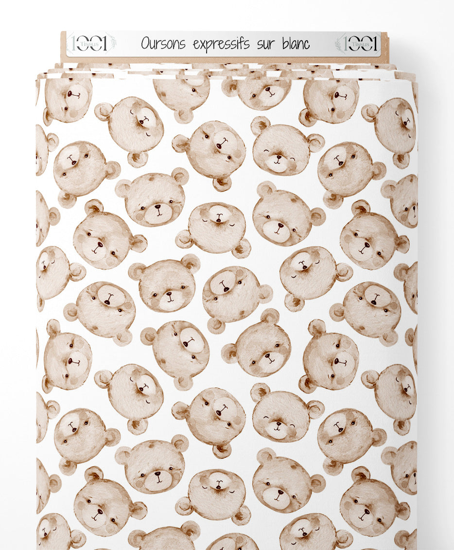 Tissu - Oursons expressifs sur blanc