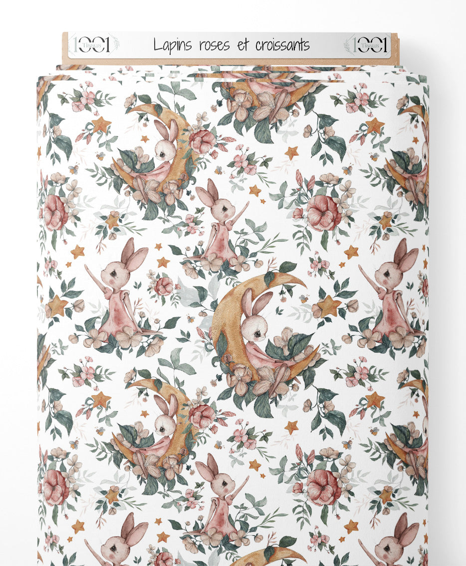 Tissu - Lapins roses et croissants