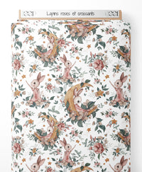 Tissu - Lapins roses et croissants