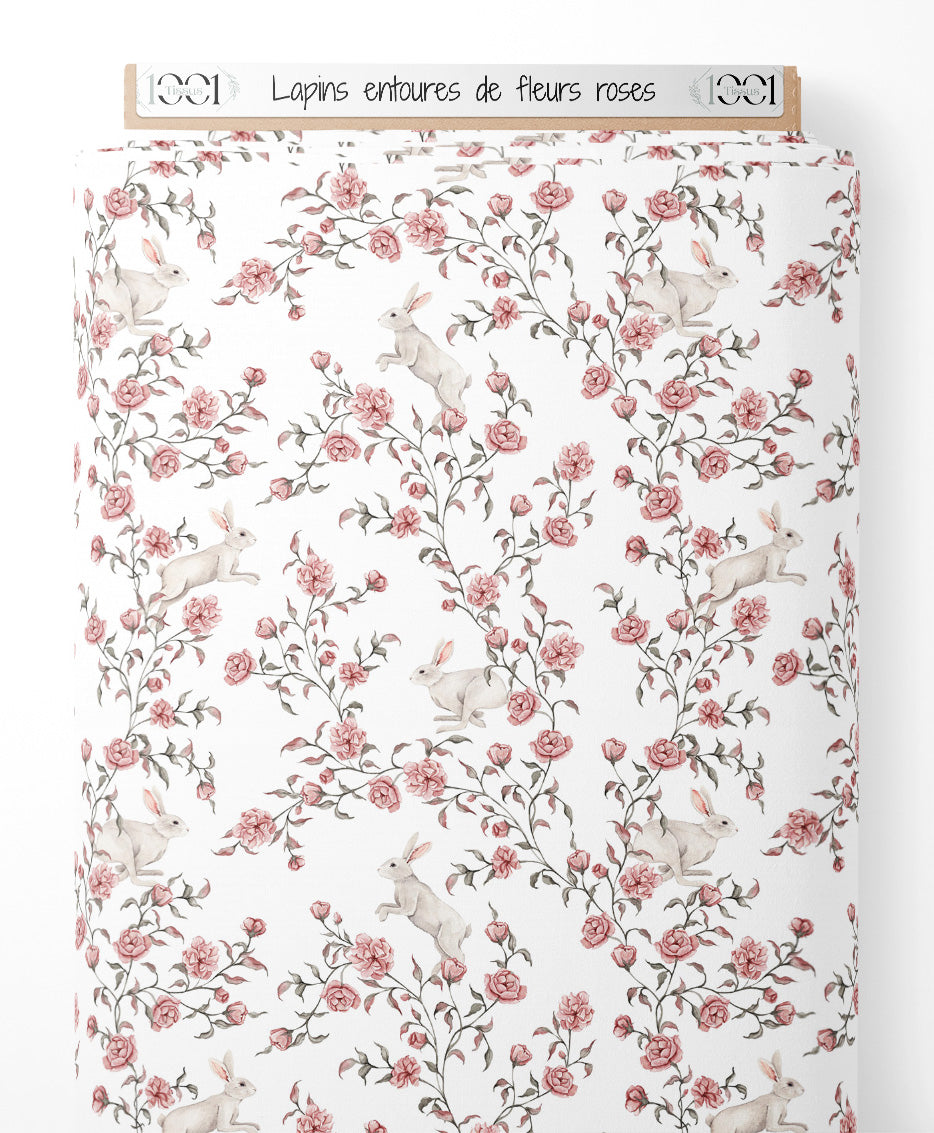 Tissu - Lapins entourés de fleurs roses