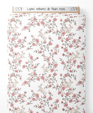 Tissu - Lapins entourés de fleurs roses