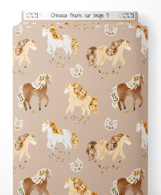 Tissu - Chevaux fleuris sur beige 3