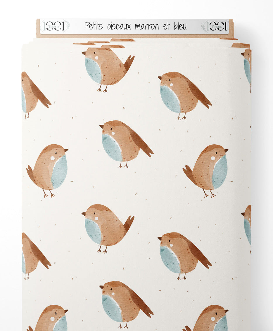 Tissu - Petits oiseaux marron et bleu