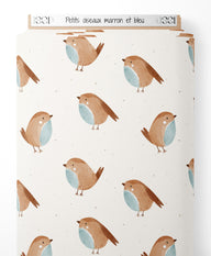 Tissu - Petits oiseaux marron et bleu