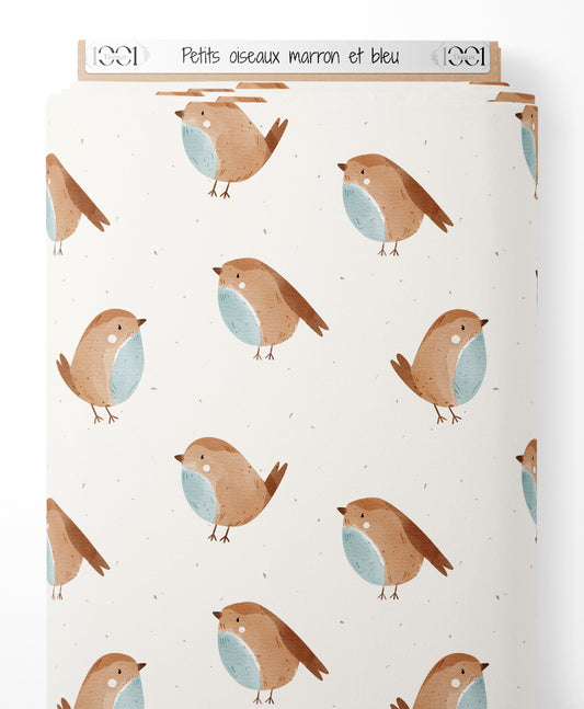 Tissu - Petits oiseaux marron et bleu