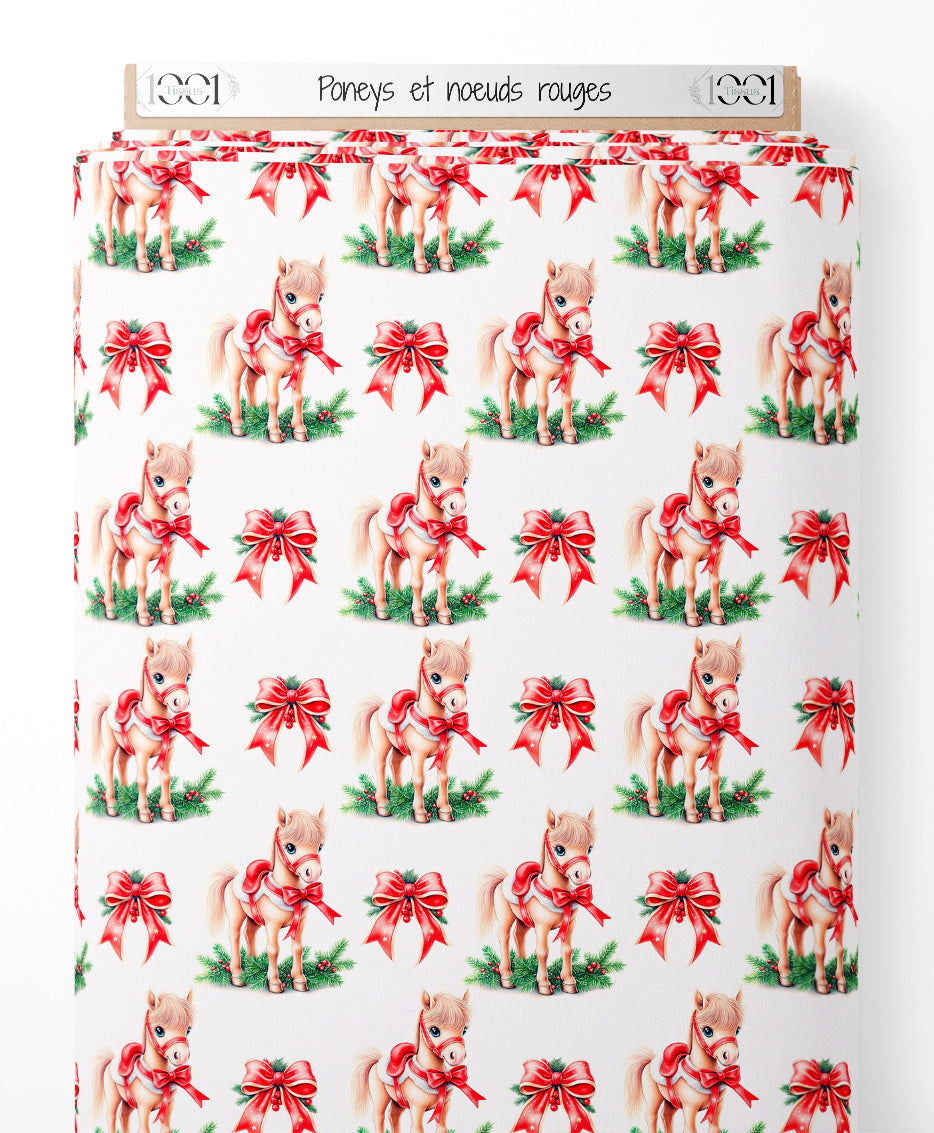 Tissu - Poneys et nœuds rouges