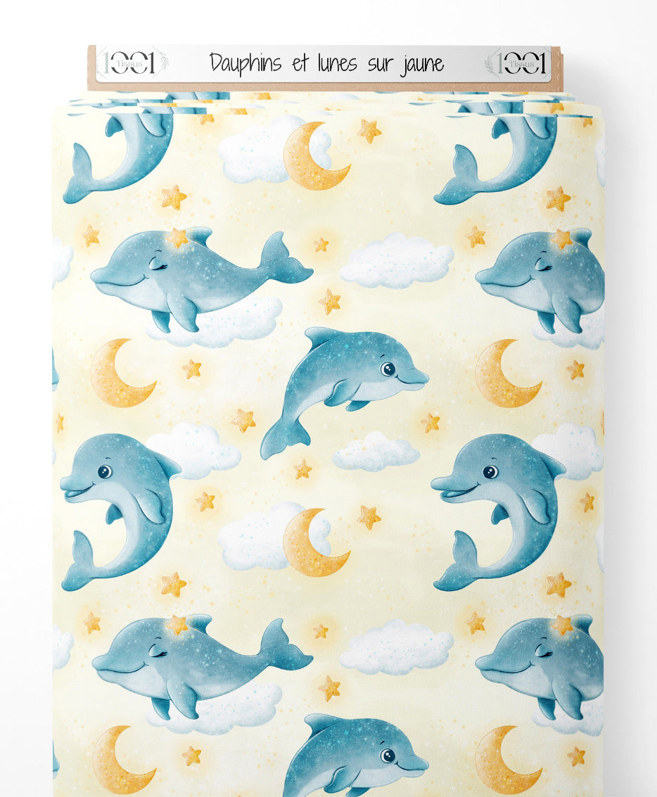 Tissu - Dauphins et lunes sur jaune