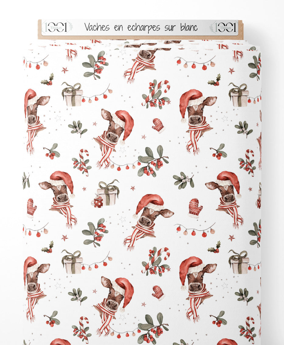 Tissu - Vaches en écharpes sur blanc