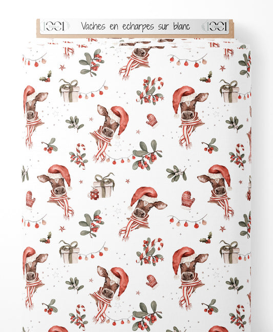 Tissu - Vaches en écharpes sur blanc