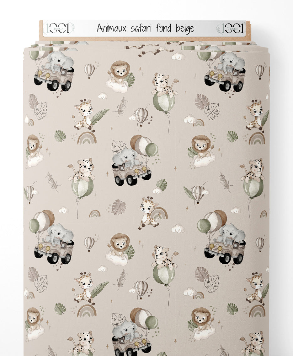 Tissu - Animaux safari sur fond beige