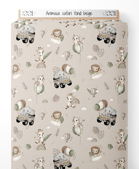 Tissu - Animaux safari sur fond beige